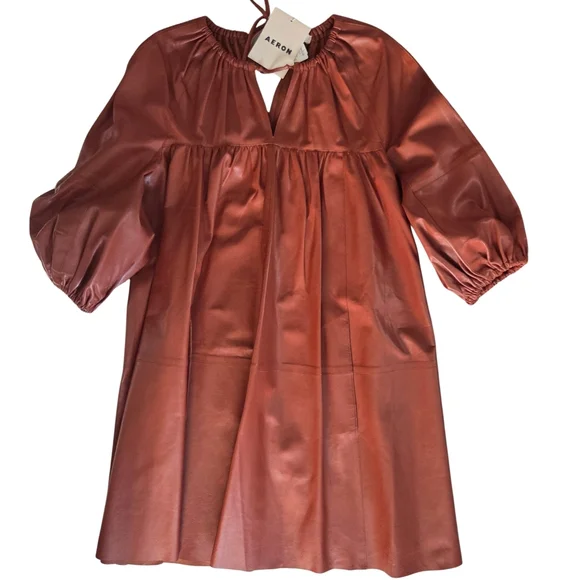 AERON NWT Genuine Leather Trapeze Long Sleeve VNeck Luxurious Dress 38 US 6 - Picture 3 of 15